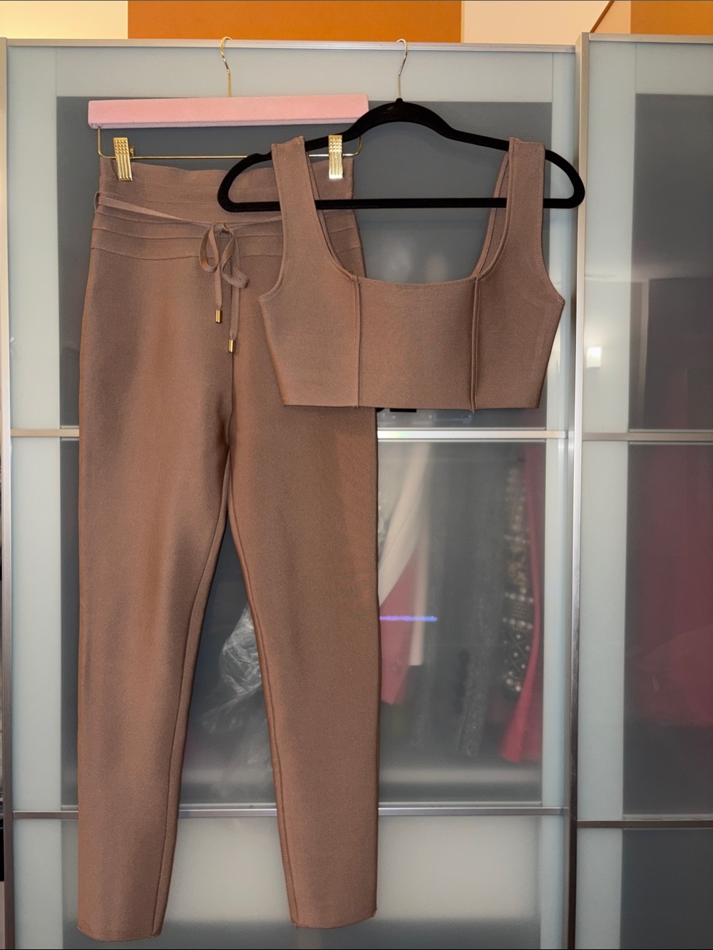 Taupe Bandage Crop Top and High-Waist Pants Set